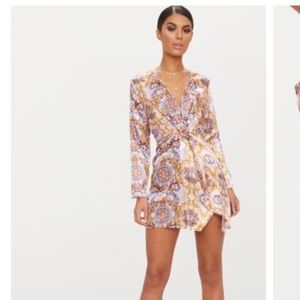 Pink Chain Print Satin Long Sleeve Wrap Dress